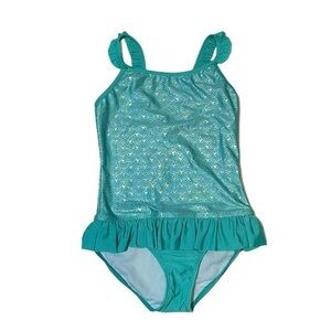NWOT Teal Blue Ruffle Trim Silver Mermaid Print One Piece Swimsuit Girls’ Large